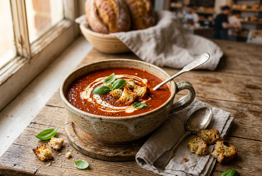 Creamy Roasted Tomato Soup with Sourdough Croutons